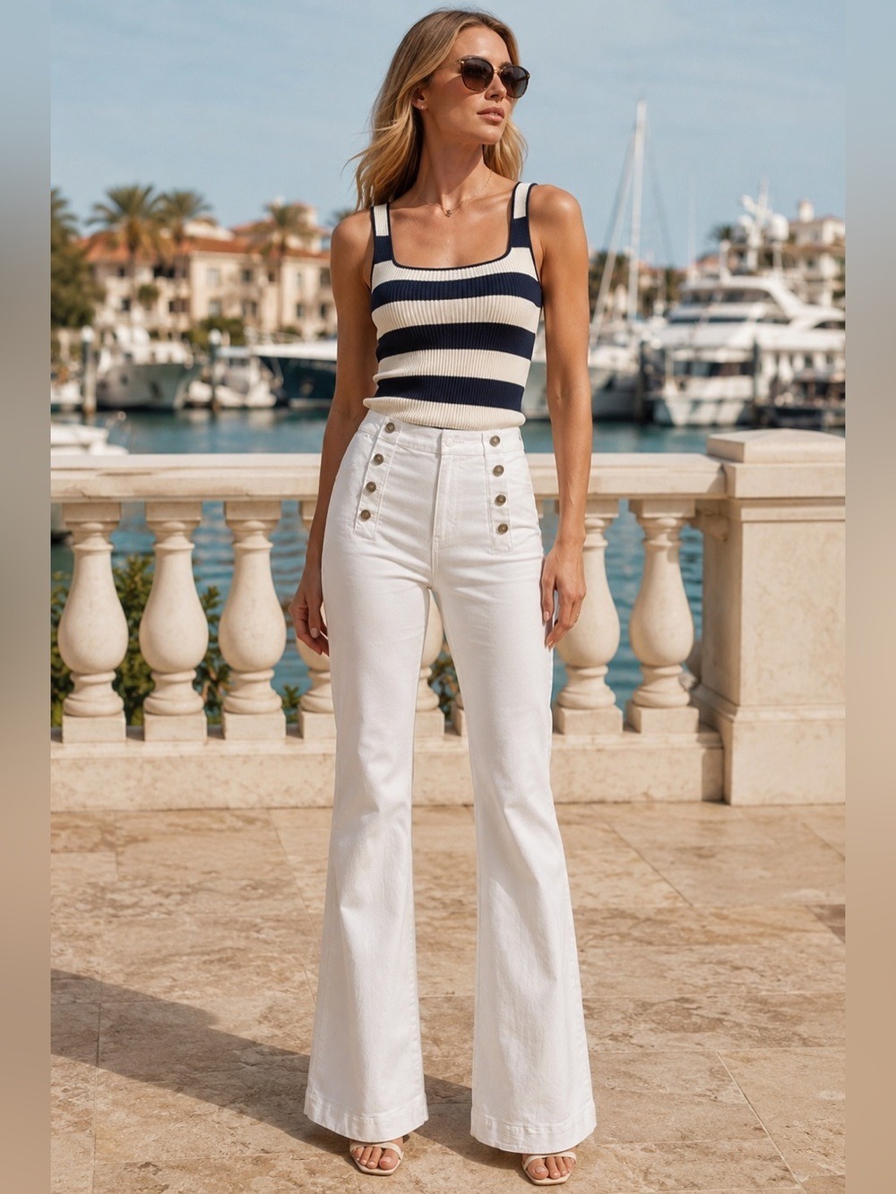 Coastal Chic White Sailor Flare Jeans Long 32.5” Inseam Yacht Club